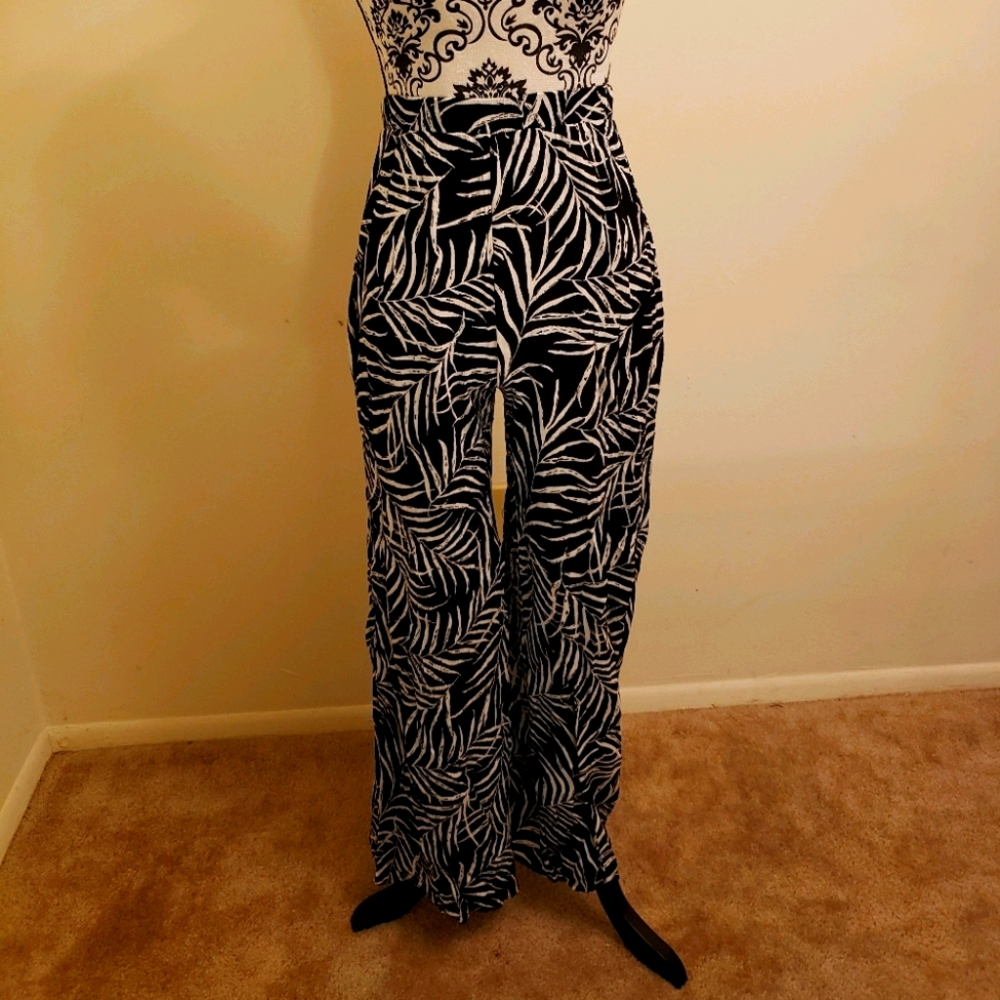 High Waisted Wide Leg Tropical Print Pants